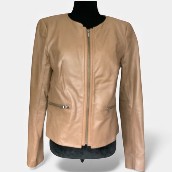 Nordstrom Halogen Soft Leather Jacket Blazer Collarless Brown SZ S - Picture 2 of 12